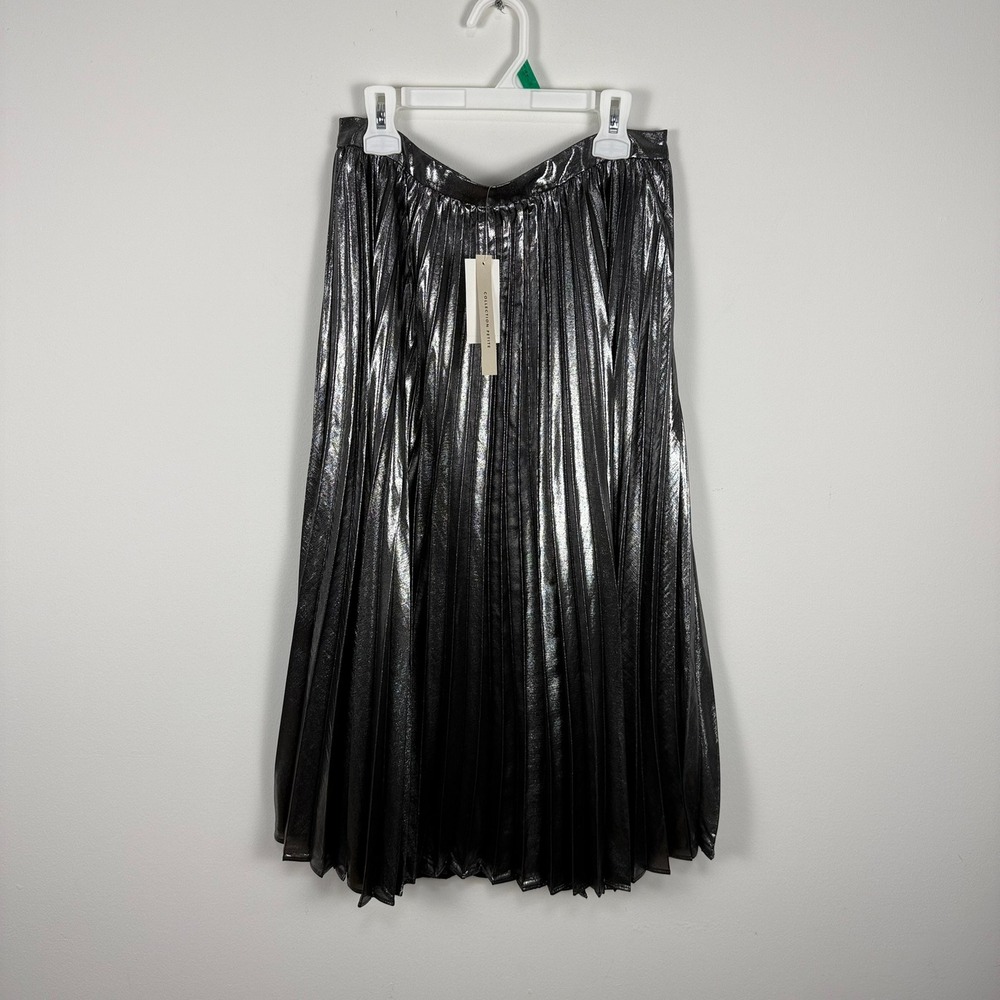 Banana Republic Metallic Pleated Midi Skirt Gunmetal Silver 2P Petite‎